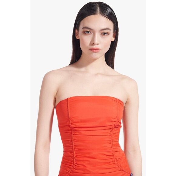 NWT STAUD Romina Ruched Tube Dress 2 XS Sporty Strapless Recycled Nylon Satin - Picture 2 of 10